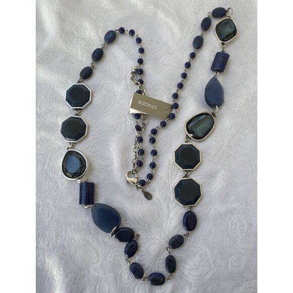 Chicos Blue Stone Silver Tone 19" Long Beaded Chain Statement Necklace NEW - Picture 11 of 16
